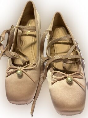 Dior Champagne Satin Ballet Flats with Pearl Charm 39
